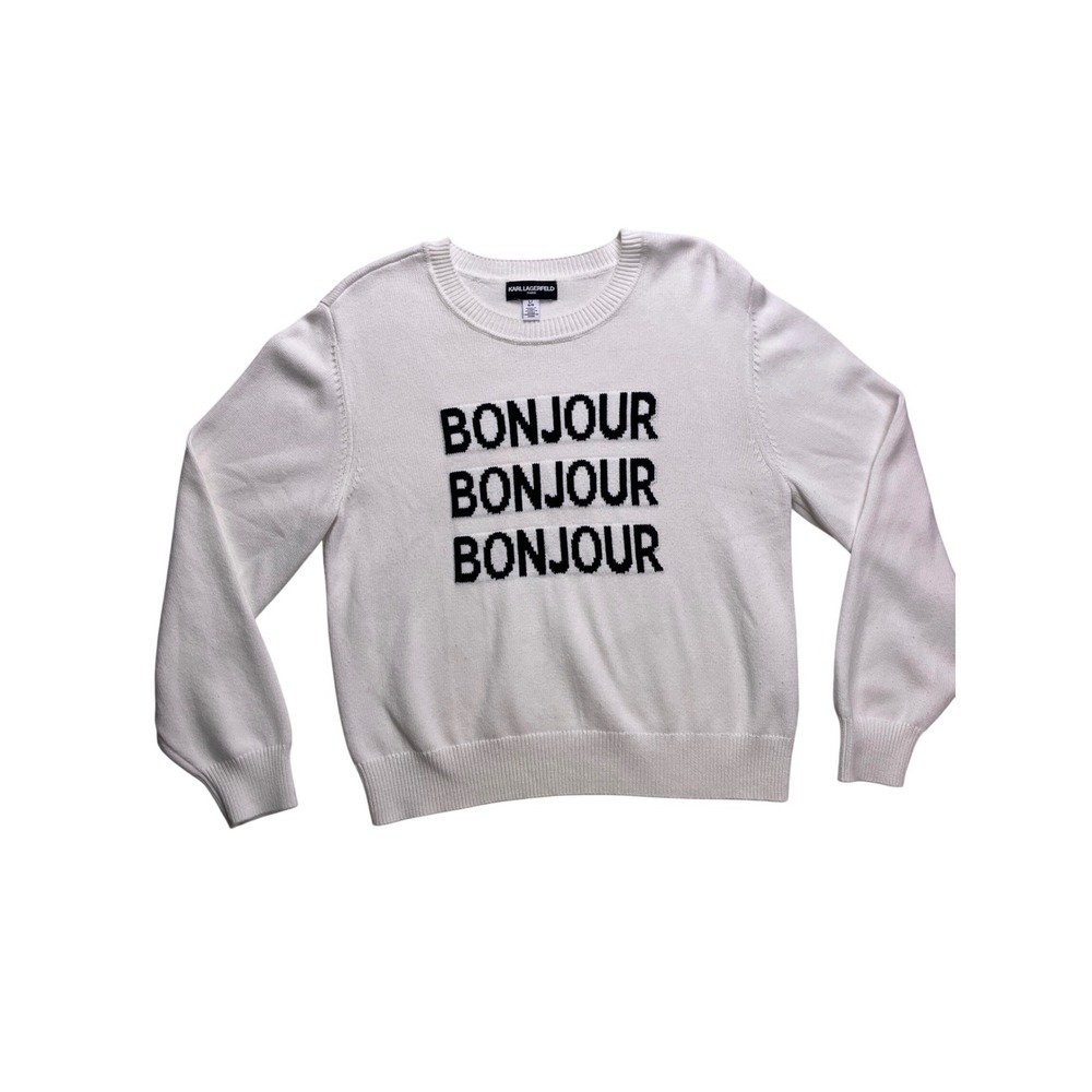 Karl Lagerfeld Paris Sweater Womens L White Bonjour Graphic Knit Crewneck